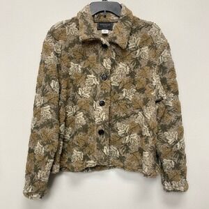 Lonergan Leaves Pattern Teddy Button Up Jacket Brown Beige Women's Medium